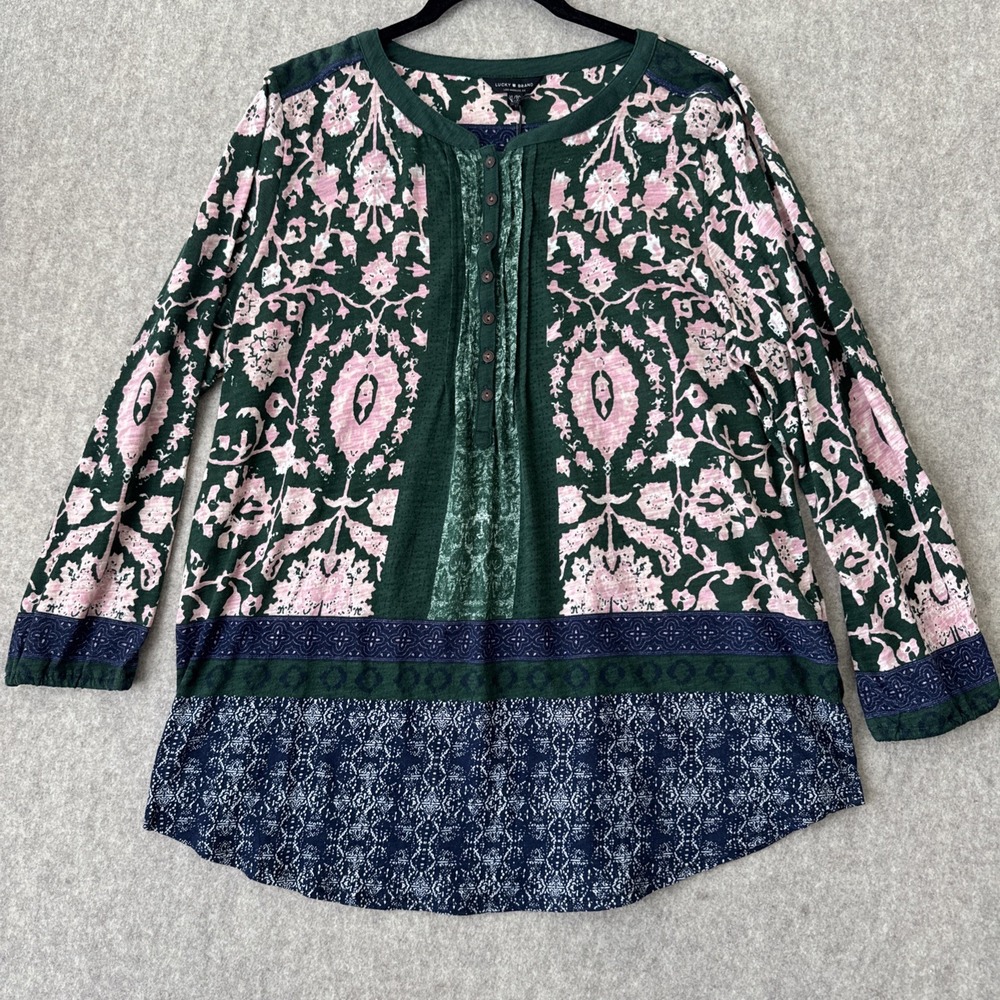 NWT Lucky Brand Peasant Top Womens XL Green Floral Boho Long Sleeve Cotton Modal